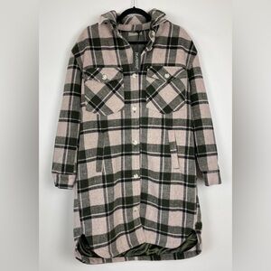 NWT $158 BLANKNYC Plaid Overcoat Longline Shacket Jacket Medium Olive Green Pink